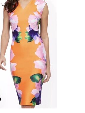 New York & Company Orange Floral Sheath Midi Dress